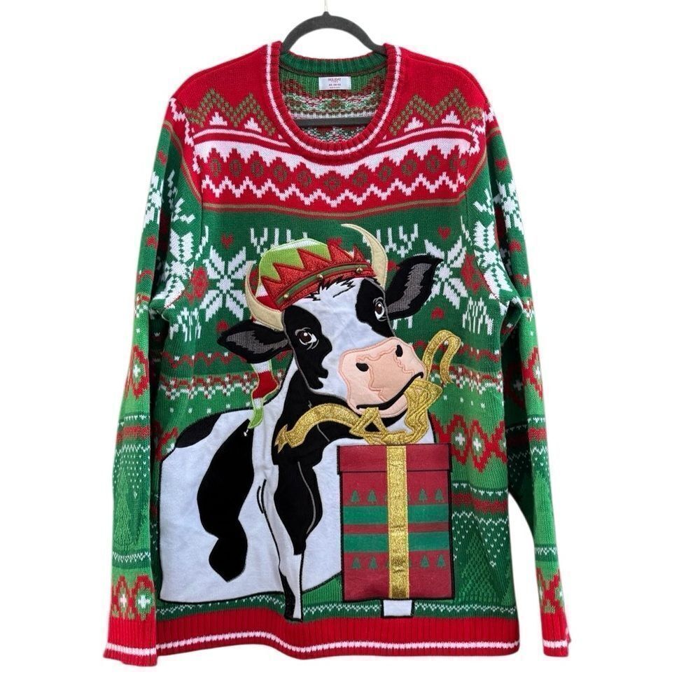 Holiday Time Christmas Cow Sweater Gift Crewneck Size 2XL